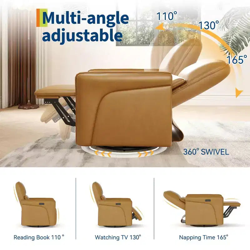 Fauteuil inclinable pivotant à 360° avec station de charge USB, fauteuil en cuir, fauteuil à bascule électrique avec siège profond rembourré, soutien lombaire réglable