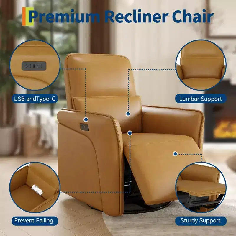 Fauteuil inclinable pivotant à 360° avec station de charge USB, fauteuil en cuir, fauteuil à bascule électrique avec siège profond rembourré, soutien lombaire réglable