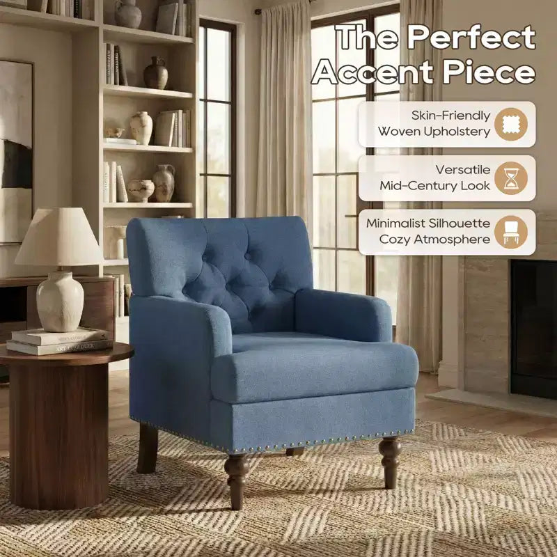 Fauteuil d'appoint moderne avec revêtement tissé doux pour la peau et pieds en bois d'hévéa massif, style Mid-Century pour salon, chambre, bureau