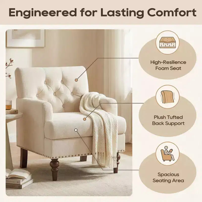 Fauteuil d'appoint moderne avec revêtement tissé doux pour la peau et pieds en bois d'hévéa massif, style Mid-Century pour salon, chambre, bureau