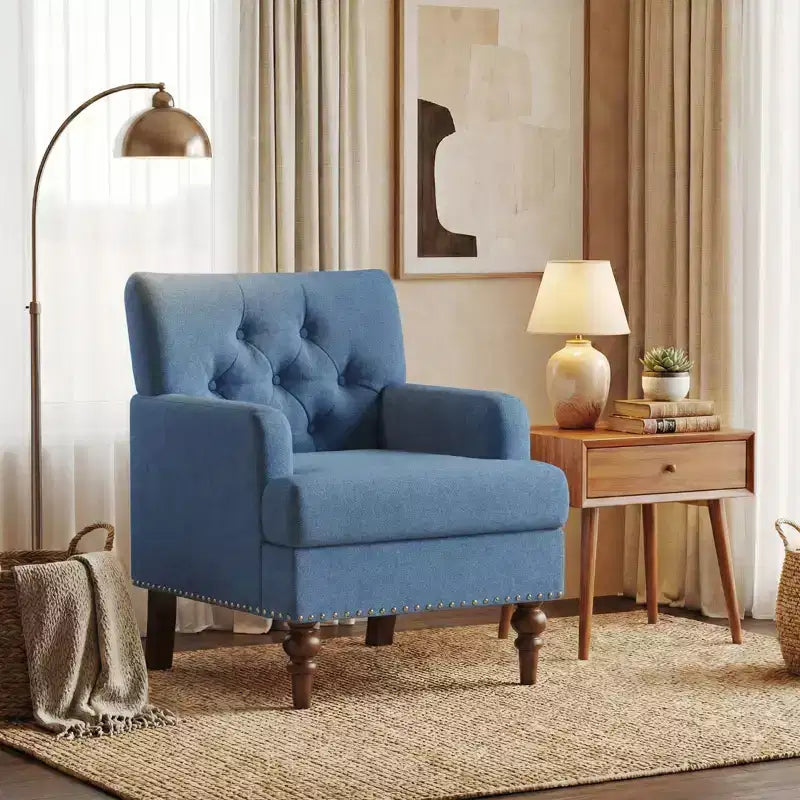Fauteuil d'appoint moderne avec revêtement tissé doux pour la peau et pieds en bois d'hévéa massif, style Mid-Century pour salon, chambre, bureau