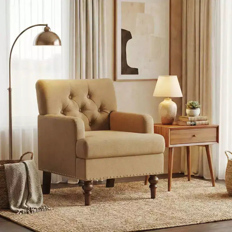 Fauteuil d'appoint moderne avec revêtement tissé doux pour la peau et pieds en bois d'hévéa massif, style Mid-Century pour salon, chambre, bureau