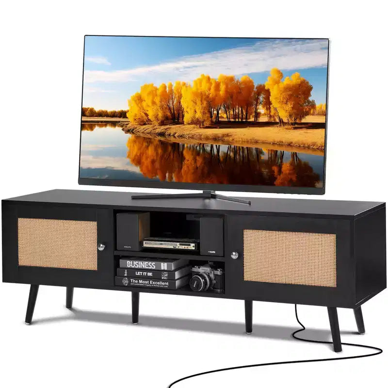 Rattan TV Stand for 65 in TV with Power Outlet USB Ports Adjustable Shelf Black