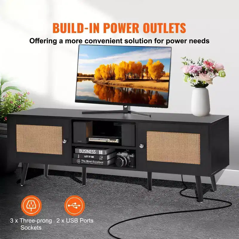 Meuble TV en rotin pour téléviseur 65 pouces avec prise de courant, ports USB et étagère réglable, noir