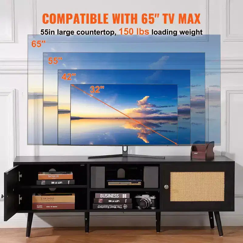 Meuble TV en rotin pour téléviseur 65 pouces avec prise de courant, ports USB et étagère réglable, noir