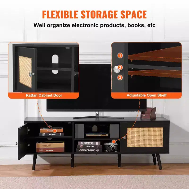 Meuble TV en rotin pour téléviseur 65 pouces avec prise de courant, ports USB et étagère réglable, noir