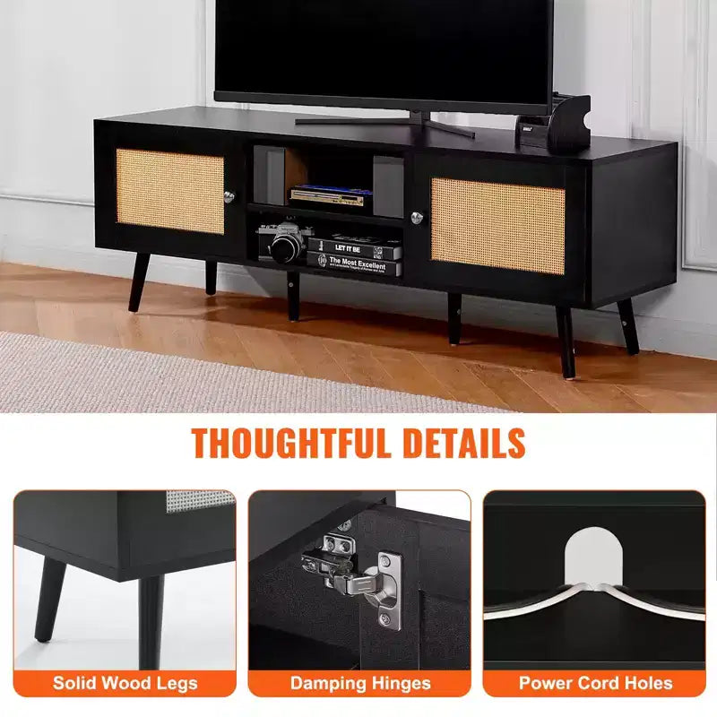 Meuble TV en rotin pour téléviseur 65 pouces avec prise de courant, ports USB et étagère réglable, noir