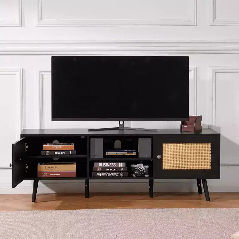 Meuble TV en rotin pour téléviseur 65 pouces avec prise de courant, ports USB et étagère réglable, noir