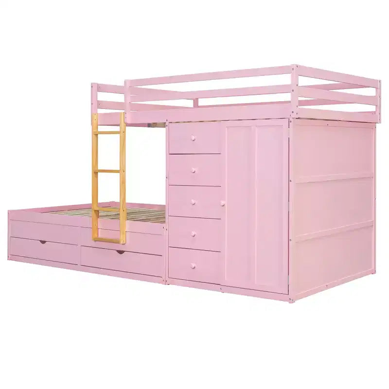Lit superposé pleine grandeur avec 2 grands tiroirs, 5 petits tiroirs et une armoire intégrée