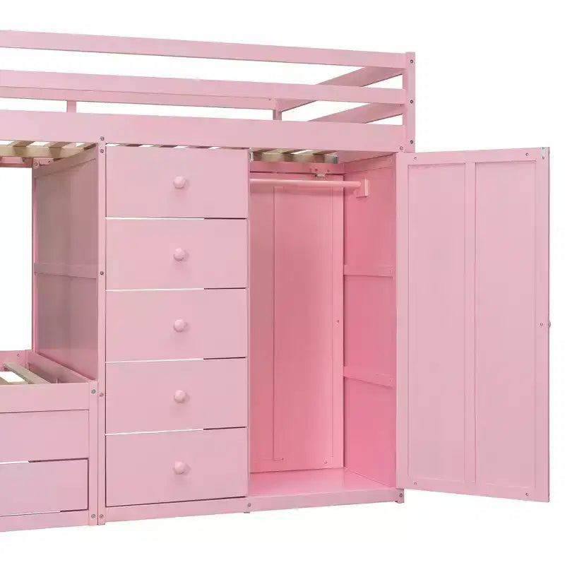 Lit superposé pleine grandeur avec 2 grands tiroirs, 5 petits tiroirs et une armoire intégrée