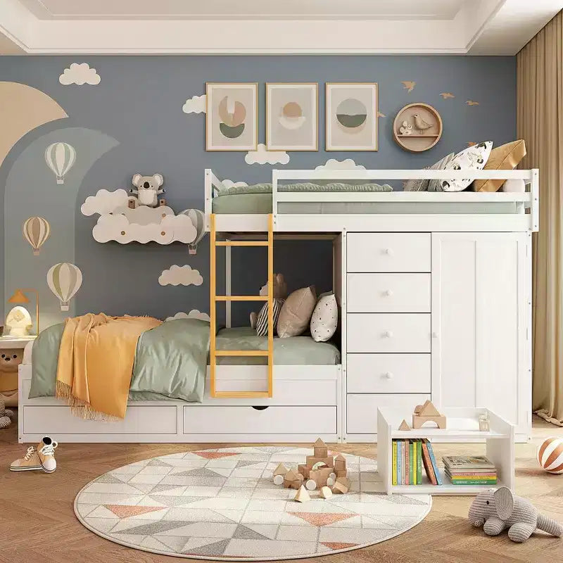 Lit superposé pleine grandeur avec 2 grands tiroirs, 5 petits tiroirs et une armoire intégrée