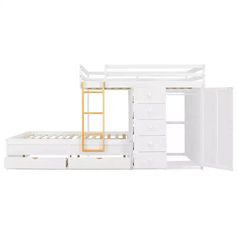 Lit superposé pleine grandeur avec 2 grands tiroirs, 5 petits tiroirs et une armoire intégrée