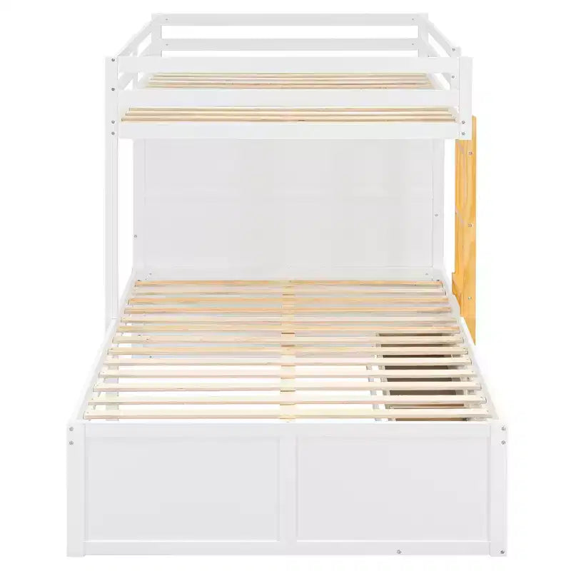 Lit superposé pleine grandeur avec 2 grands tiroirs, 5 petits tiroirs et une armoire intégrée