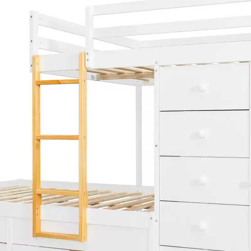 Lit superposé pleine grandeur avec 2 grands tiroirs, 5 petits tiroirs et une armoire intégrée