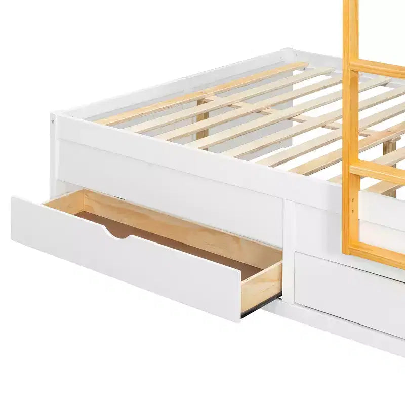 Lit superposé pleine grandeur avec 2 grands tiroirs, 5 petits tiroirs et une armoire intégrée