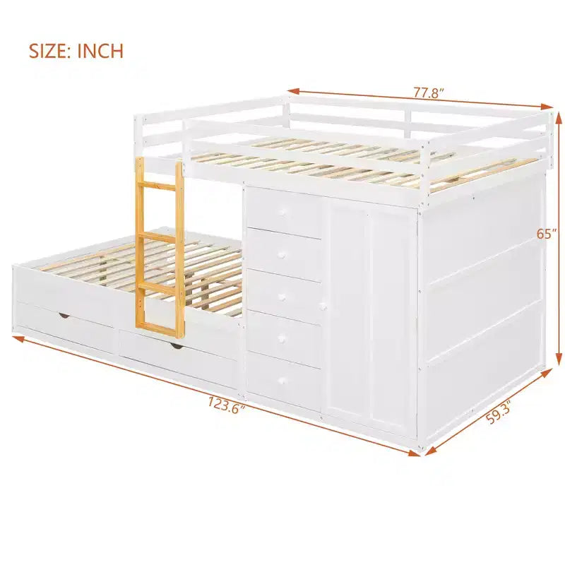 Lit superposé pleine grandeur avec 2 grands tiroirs, 5 petits tiroirs et une armoire intégrée