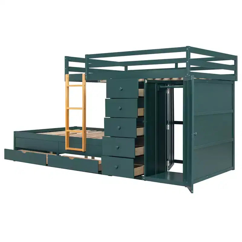 Lit superposé pleine grandeur avec 2 grands tiroirs, 5 petits tiroirs et une armoire intégrée