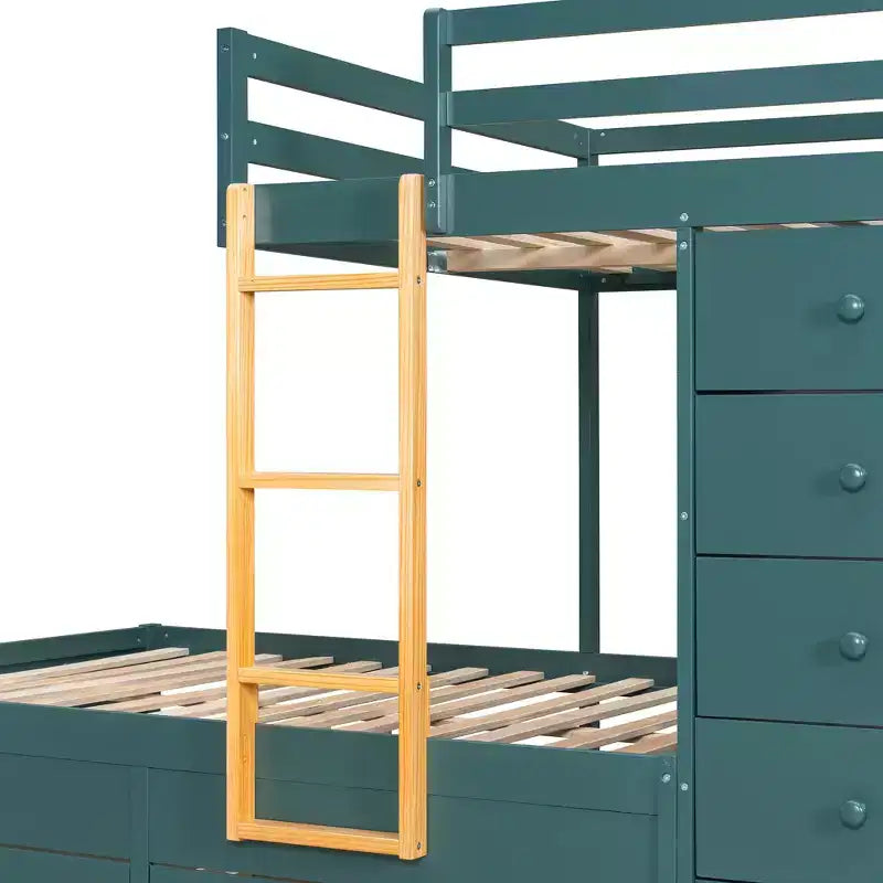 Lit superposé pleine grandeur avec 2 grands tiroirs, 5 petits tiroirs et une armoire intégrée