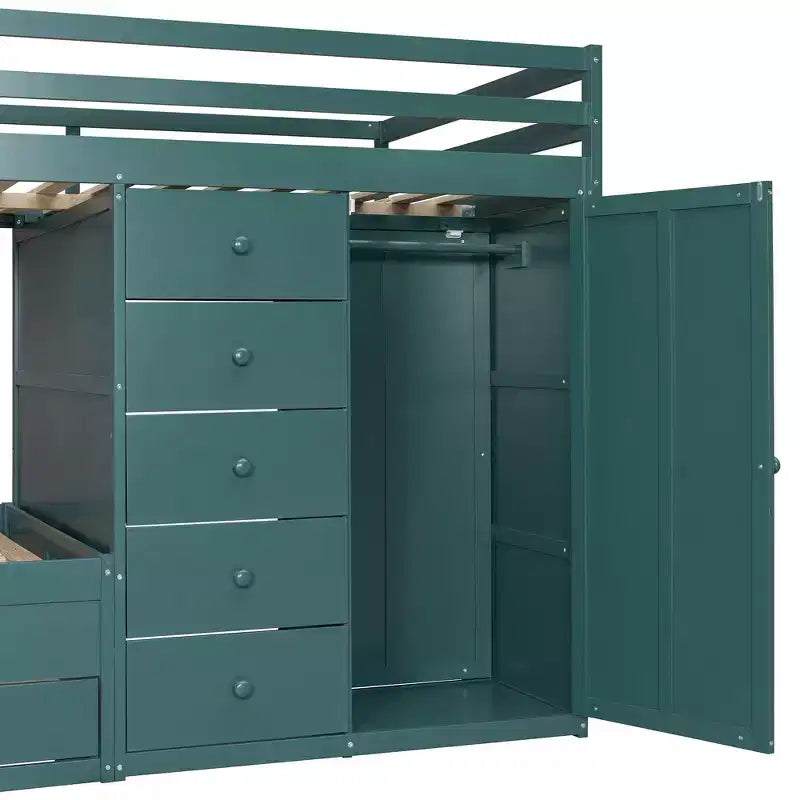 Lit superposé pleine grandeur avec 2 grands tiroirs, 5 petits tiroirs et une armoire intégrée