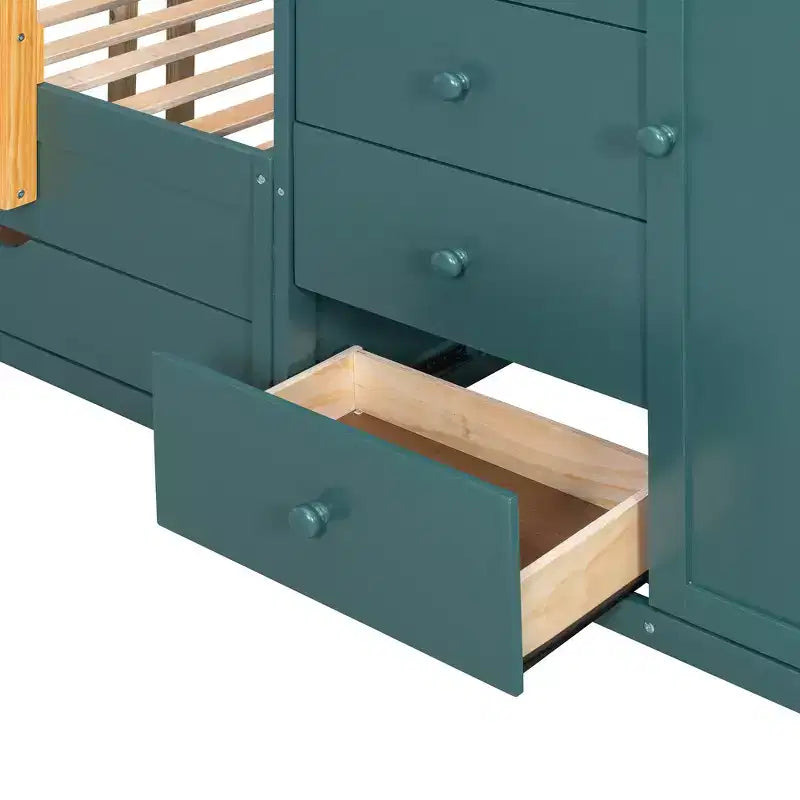 Lit superposé pleine grandeur avec 2 grands tiroirs, 5 petits tiroirs et une armoire intégrée