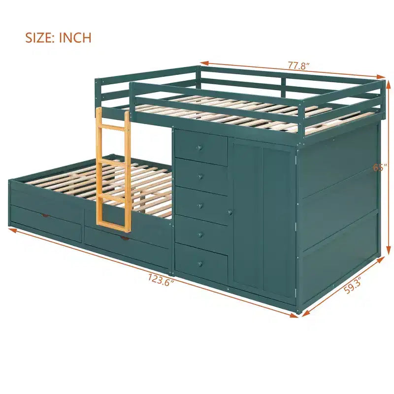 Lit superposé pleine grandeur avec 2 grands tiroirs, 5 petits tiroirs et une armoire intégrée