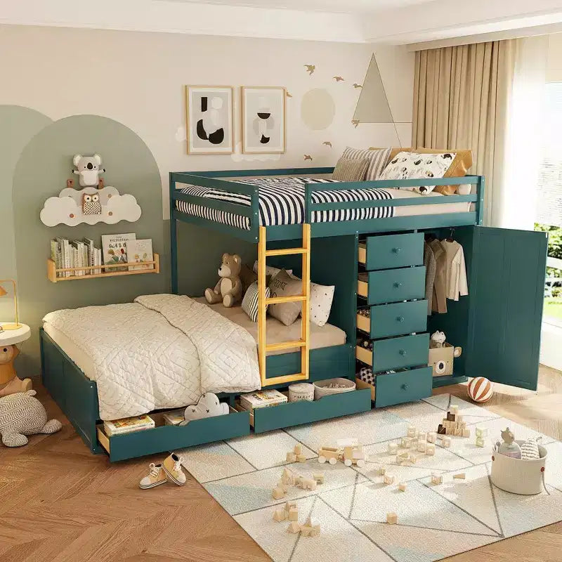 Polibi Full Size Bunk Bed with 2 Large Drawers, 5 Small Drawers &amp; Integrated Wardrobe