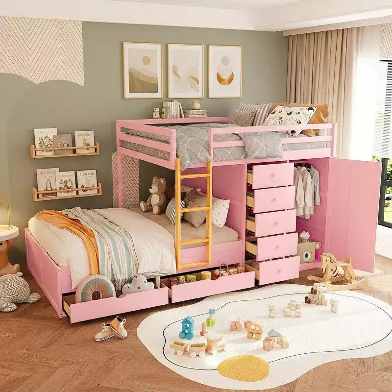 Lit superposé pleine grandeur avec 2 grands tiroirs, 5 petits tiroirs et une armoire intégrée