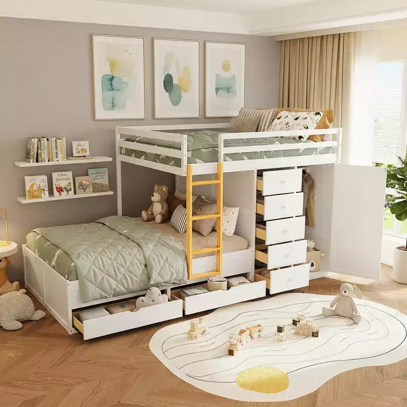 Lit superposé pleine grandeur avec 2 grands tiroirs, 5 petits tiroirs et une armoire intégrée
