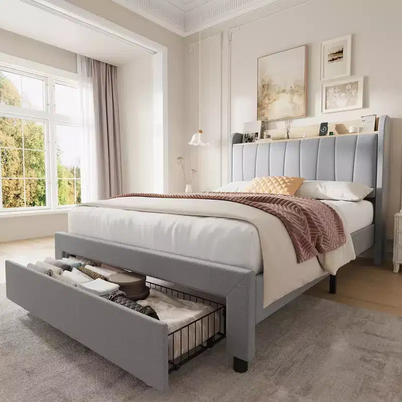 Cadre de lit double avec tête de lit, Cadre de lit double XL robuste avec tête de lit rembourrée