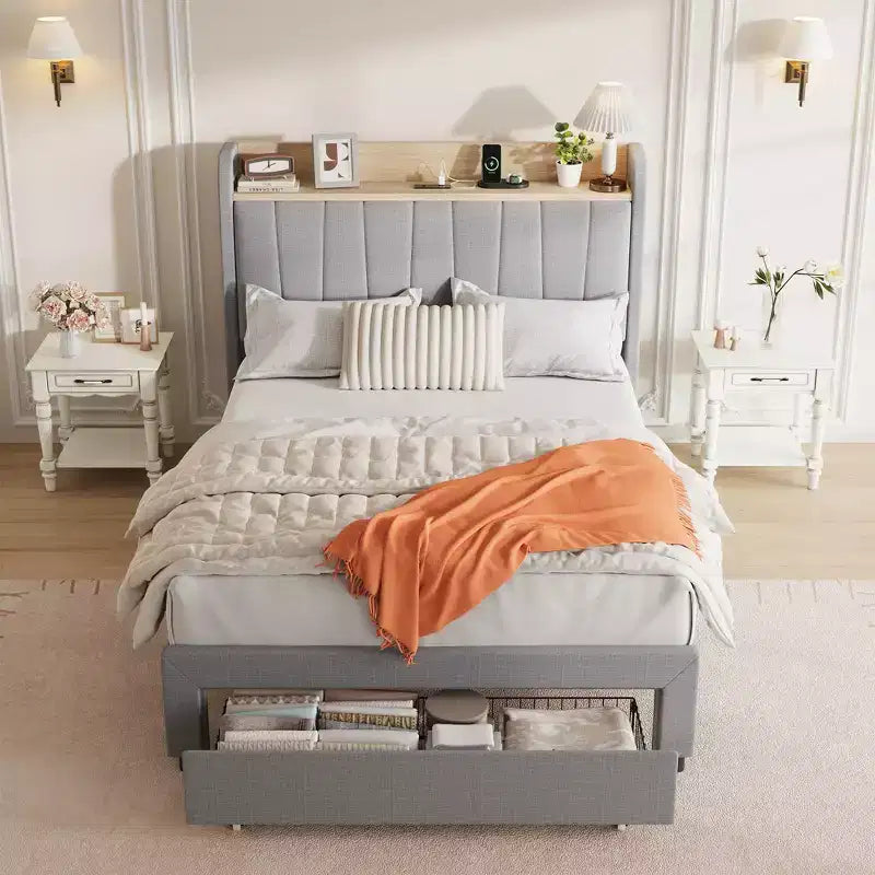 Cadre de lit double avec tête de lit, Cadre de lit double XL robuste avec tête de lit rembourrée