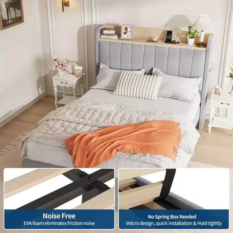 Cadre de lit double avec tête de lit, Cadre de lit double XL robuste avec tête de lit rembourrée