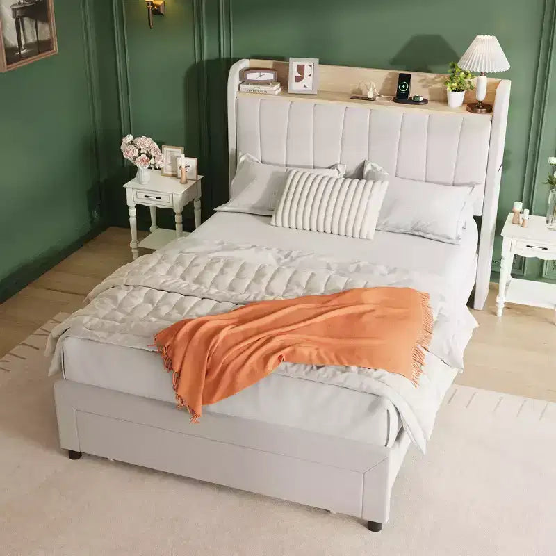 Twin Bed Frame with Headboard, Sturdy Twin XL Bed Frame with Upholstered Headboard, Platform Bed with Storage Headboard, Charging Station, Drawers