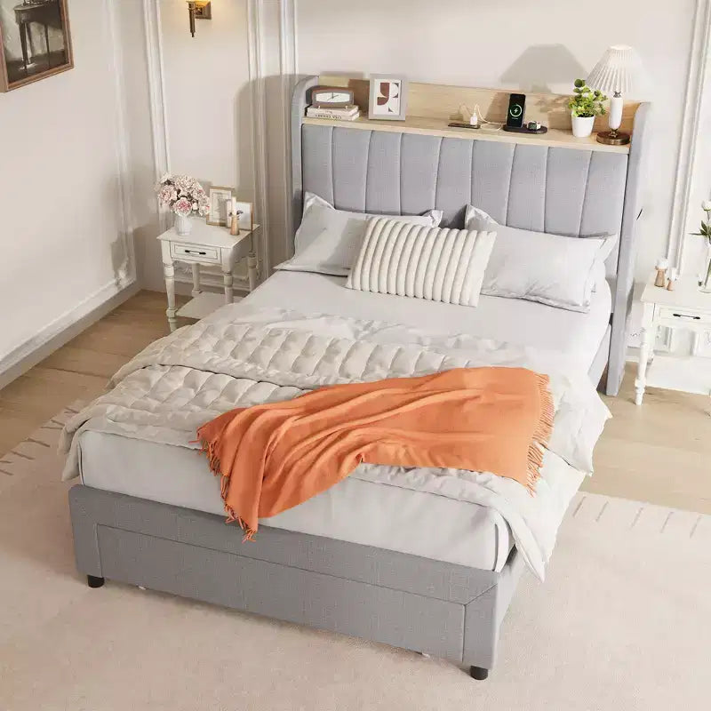 Cadre de lit double avec tête de lit, Cadre de lit double XL robuste avec tête de lit rembourrée