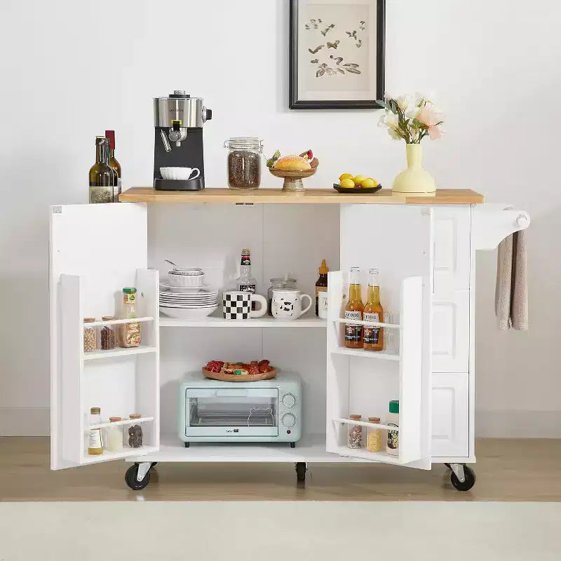 MooxvMoo Rolling Kitchen Island with Drop Leaf Countertop, Storage Cabinet &amp; Tower Rack - Mobile Barn Door Cart on Wheels, White