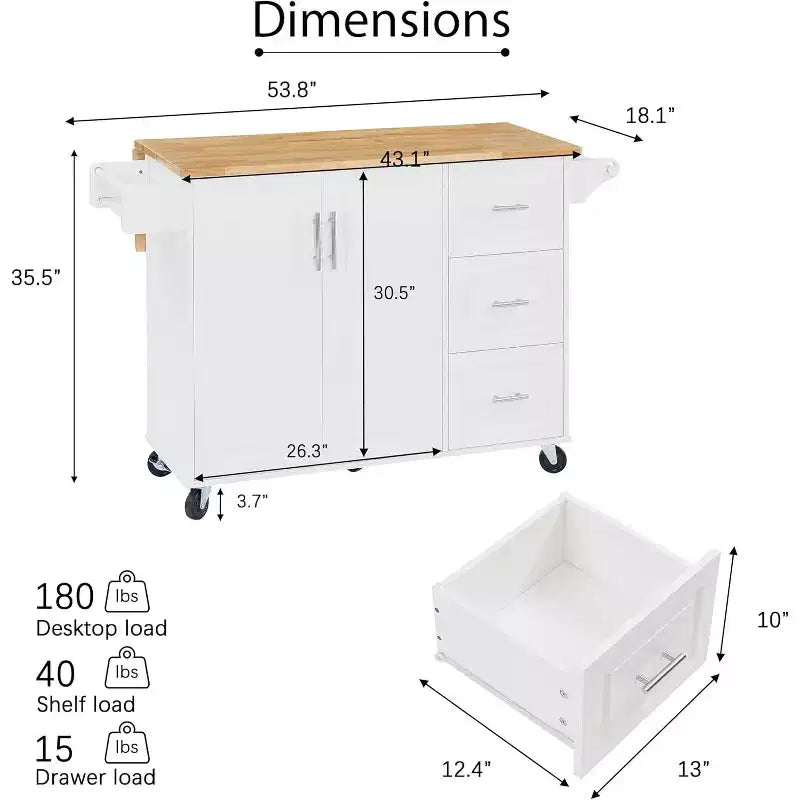 Îlot de Cuisine Roulant avec Plateau Rabattable, Armoire de Rangement et Étagère à Tour - Chariot Mobile à Porte Coulissante sur Roues, Blanc