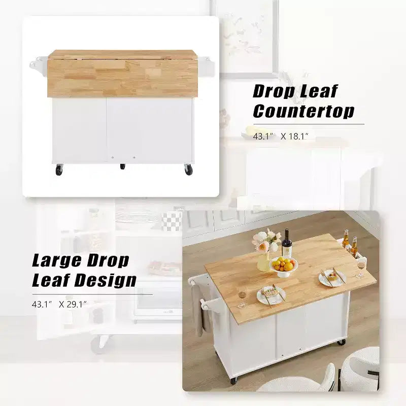Îlot de Cuisine Roulant avec Plateau Rabattable, Armoire de Rangement et Étagère à Tour - Chariot Mobile à Porte Coulissante sur Roues, Blanc