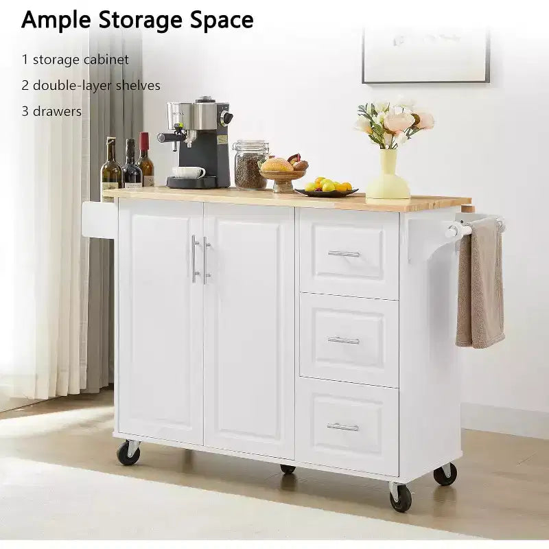 Îlot de Cuisine Roulant avec Plateau Rabattable, Armoire de Rangement et Étagère à Tour - Chariot Mobile à Porte Coulissante sur Roues, Blanc