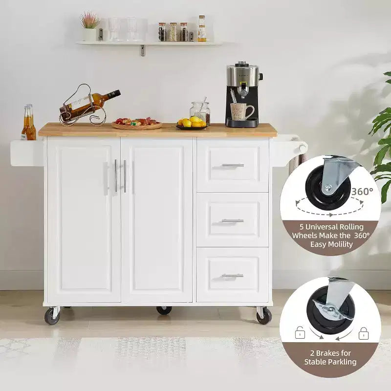 Îlot de Cuisine Roulant avec Plateau Rabattable, Armoire de Rangement et Étagère à Tour - Chariot Mobile à Porte Coulissante sur Roues, Blanc
