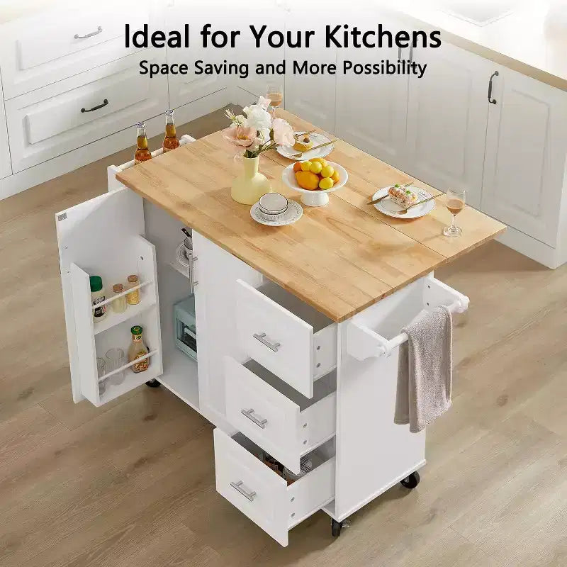 Îlot de Cuisine Roulant avec Plateau Rabattable, Armoire de Rangement et Étagère à Tour - Chariot Mobile à Porte Coulissante sur Roues, Blanc