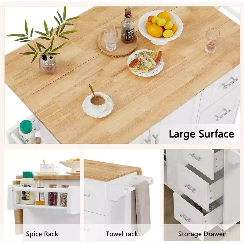 Îlot de Cuisine Roulant avec Plateau Rabattable, Armoire de Rangement et Étagère à Tour - Chariot Mobile à Porte Coulissante sur Roues, Blanc