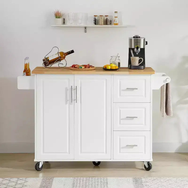 Îlot de Cuisine Roulant avec Plateau Rabattable, Armoire de Rangement et Étagère à Tour - Chariot Mobile à Porte Coulissante sur Roues, Blanc