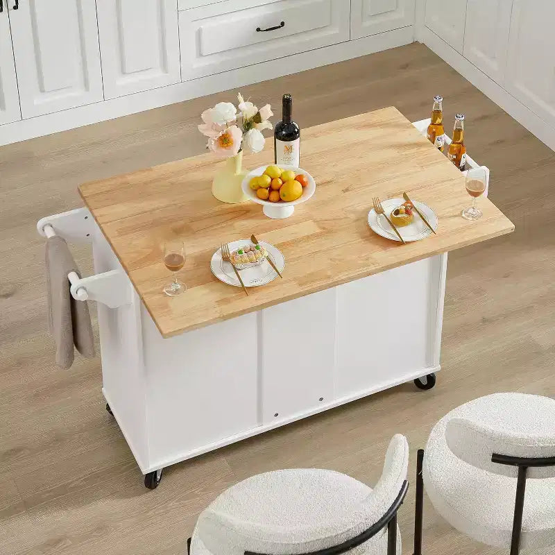 Îlot de Cuisine Roulant avec Plateau Rabattable, Armoire de Rangement et Étagère à Tour - Chariot Mobile à Porte Coulissante sur Roues, Blanc