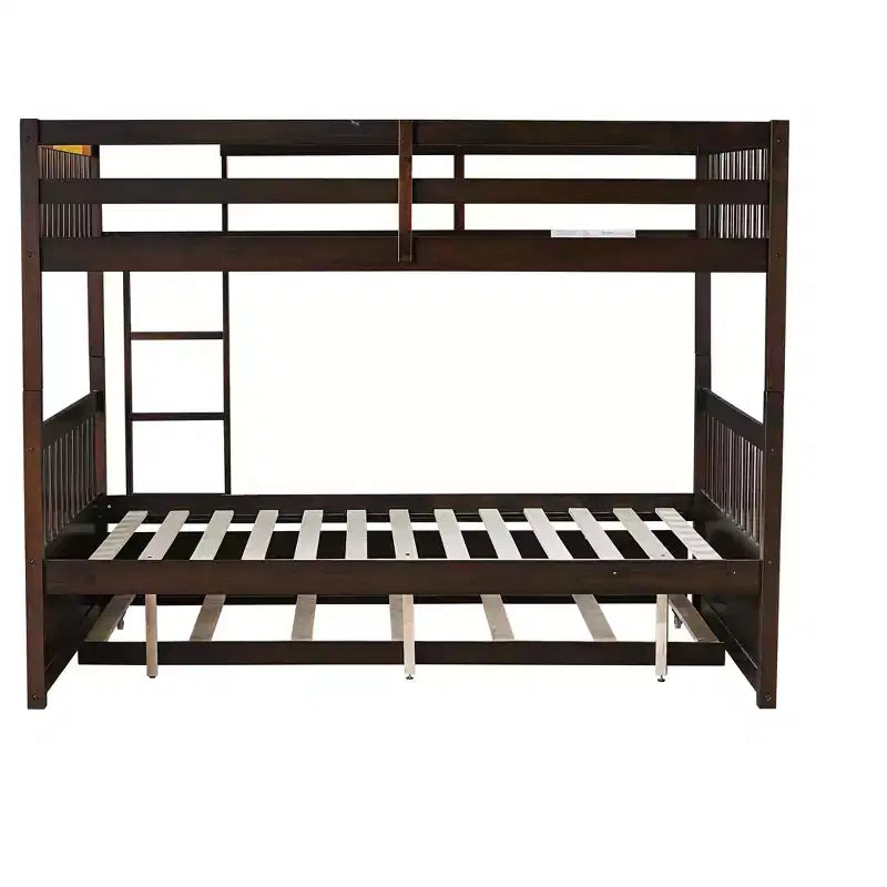 Lit superposé en bois d'hévéa double sur double avec lit gigogne, échelle et balustrades, convertible en 2 lits doubles, avec lit gigogne simple