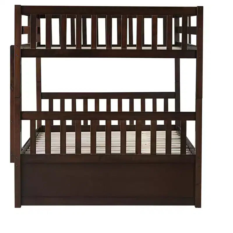 Lit superposé en bois d'hévéa double sur double avec lit gigogne, échelle et balustrades, convertible en 2 lits doubles, avec lit gigogne simple