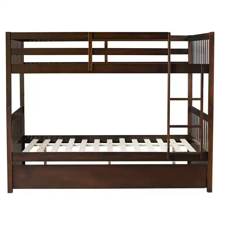 Lit superposé en bois d'hévéa double sur double avec lit gigogne, échelle et balustrades, convertible en 2 lits doubles, avec lit gigogne simple