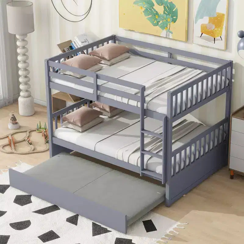 Lit superposé en bois d'hévéa double sur double avec lit gigogne, échelle et balustrades, convertible en 2 lits doubles, avec lit gigogne simple