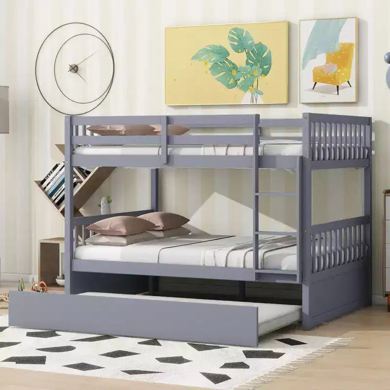 Lit superposé en bois d'hévéa double sur double avec lit gigogne, échelle et balustrades, convertible en 2 lits doubles, avec lit gigogne simple