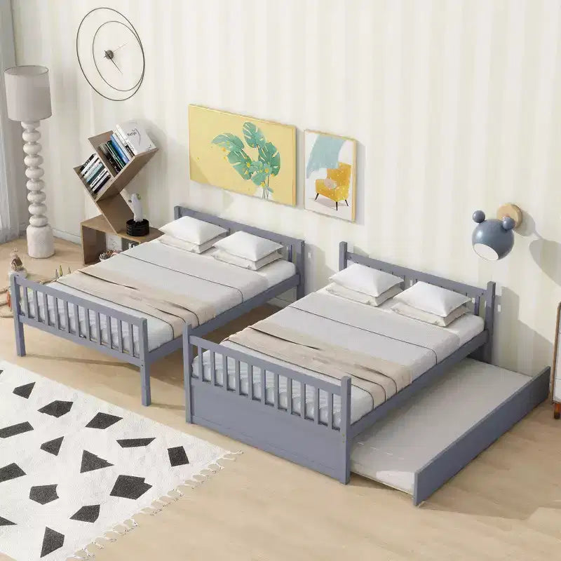 Lit superposé en bois d'hévéa double sur double avec lit gigogne, échelle et balustrades, convertible en 2 lits doubles, avec lit gigogne simple