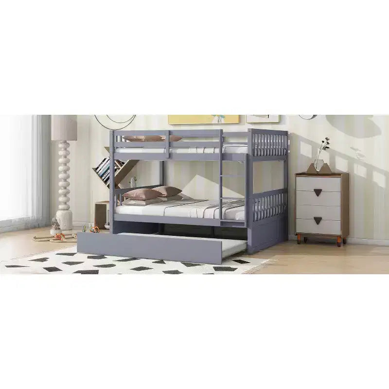 Lit superposé en bois d'hévéa double sur double avec lit gigogne, échelle et balustrades, convertible en 2 lits doubles, avec lit gigogne simple