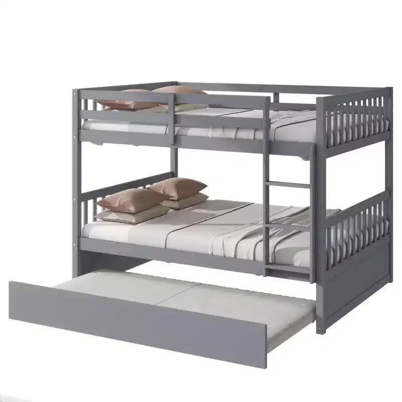 Lit superposé en bois d'hévéa double sur double avec lit gigogne, échelle et balustrades, convertible en 2 lits doubles, avec lit gigogne simple